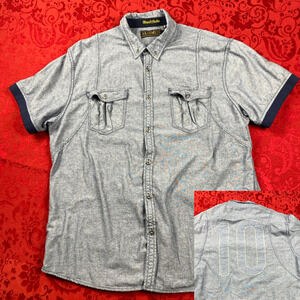 Akoo Shirt‎ Mens 2XL Stretch Denim Button "10" Emroidery on Back Y2K Hip Hop